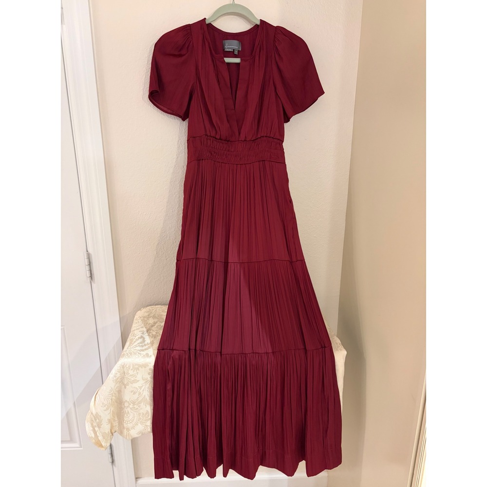 Anthropologie Burgundy Pleated Tiered Maxi Dress Smocked Waist XS Wine Red
